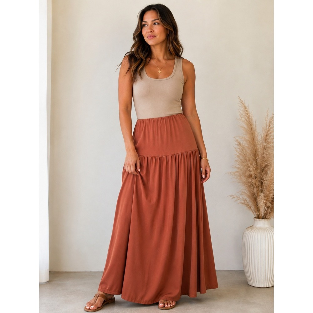 24seven Rust Tiered Maxi Skirt‎ Flowy Boho Cottagecore Romantic Medium NWT
